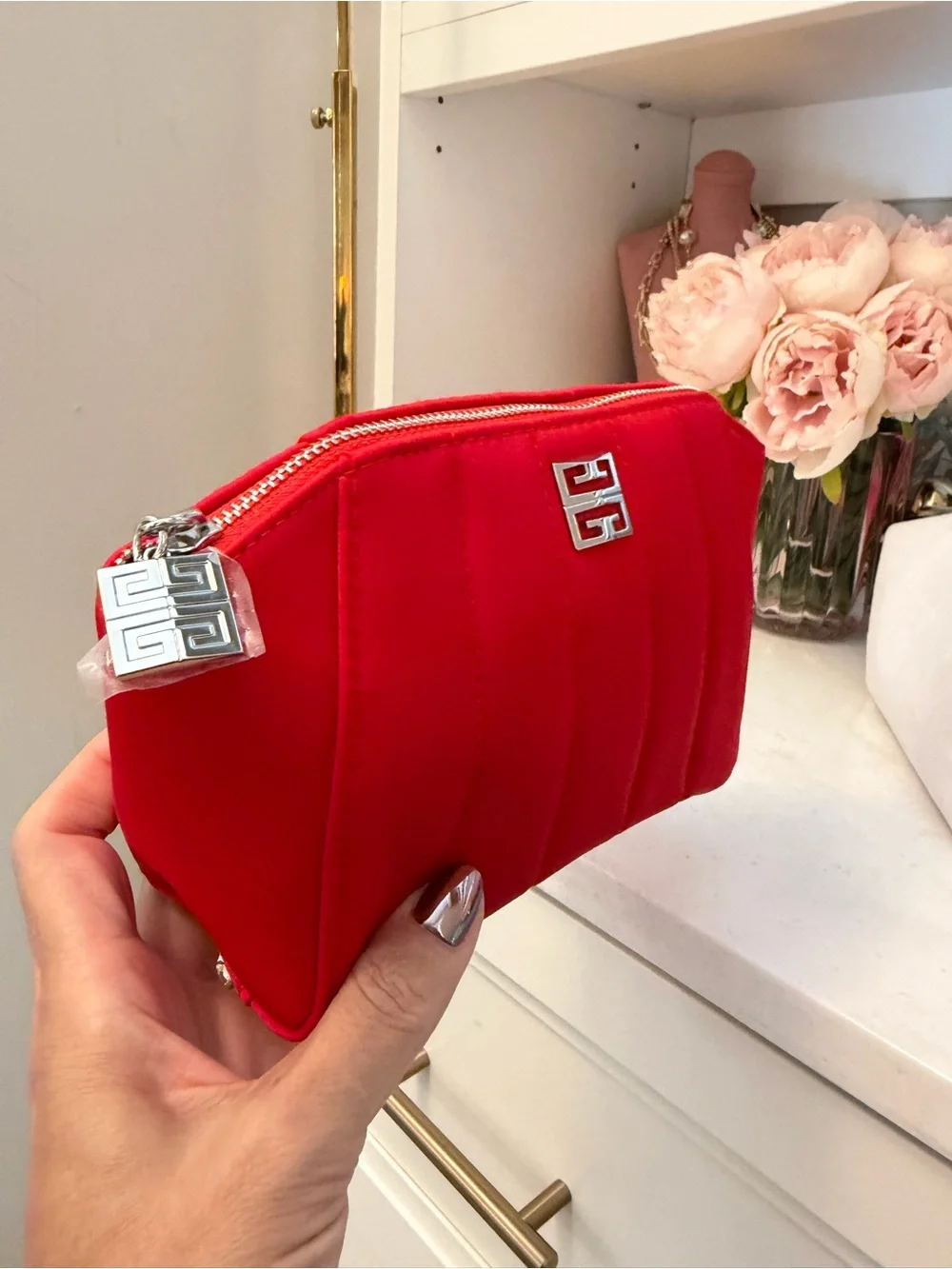 Red Quilted givenchy perfumes nwot Cosmetic zipper Pouch with Silver Logo